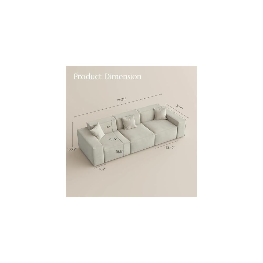 POVISON 115" Modular Sectional Sofa for Living Room Modern Large Sectional Couches Velvet Deep Seat Sofa Set 3 Seats Oversized Big Comfy Cloud Couch for House Office