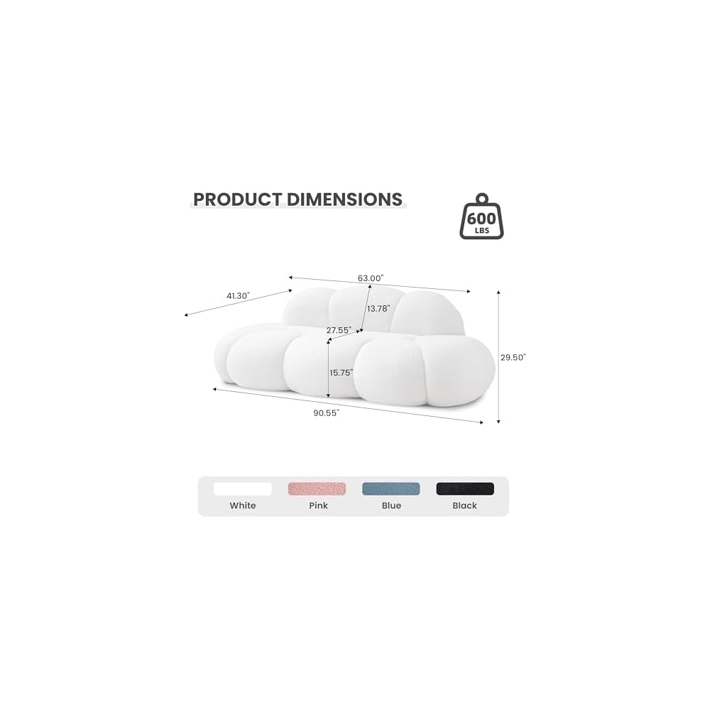 Floor Couch, Modern Curved Loveseat Sofa, Lazy Sofa Round Floor Sofas, Cloud Memory Foam Couches for Living Room, Apartment, Small Spaces (No Assembly, White)