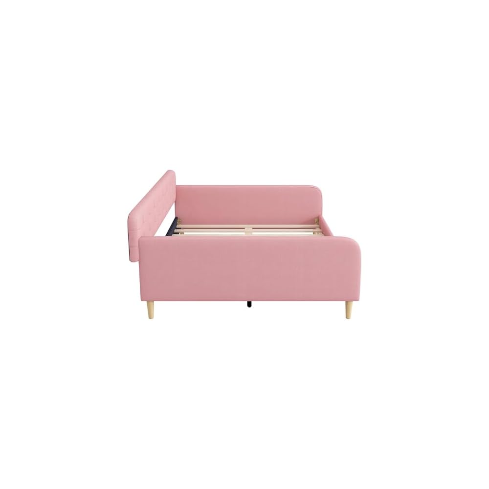 GDFStudio Queen Size Upholstered Daybed with Linen, Solid Pine Wood + MDF Frame, Foam-Filled Backrest, 4 Support Legs, No Box Spring Needed, Sturdy Queen Sofa Bed for Living Room or Guest Room, Pink