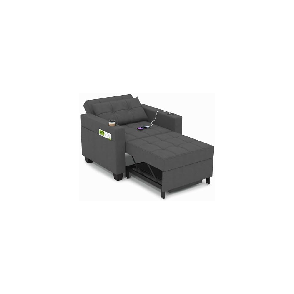 36" 3-in-1 Sleeper Chair, Convertible Pull Out Sofa Bed, Dark Gray Linen