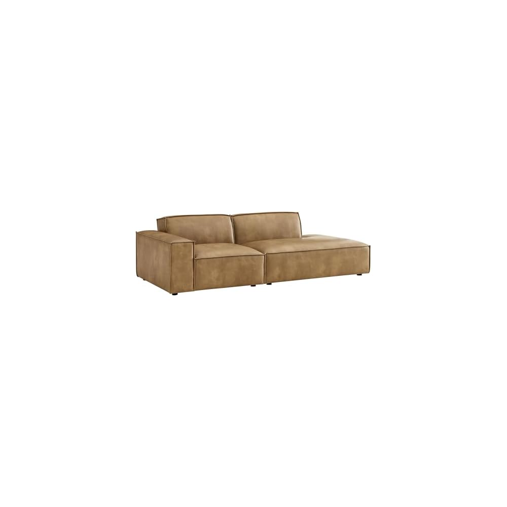 Modway Restore Faux Leather 2-Piece Modular Loveseat in Toast – Low Profile Vegan Leather Sectional Couch with Left-Facing Armchair and Right-Facing Armless Chaise