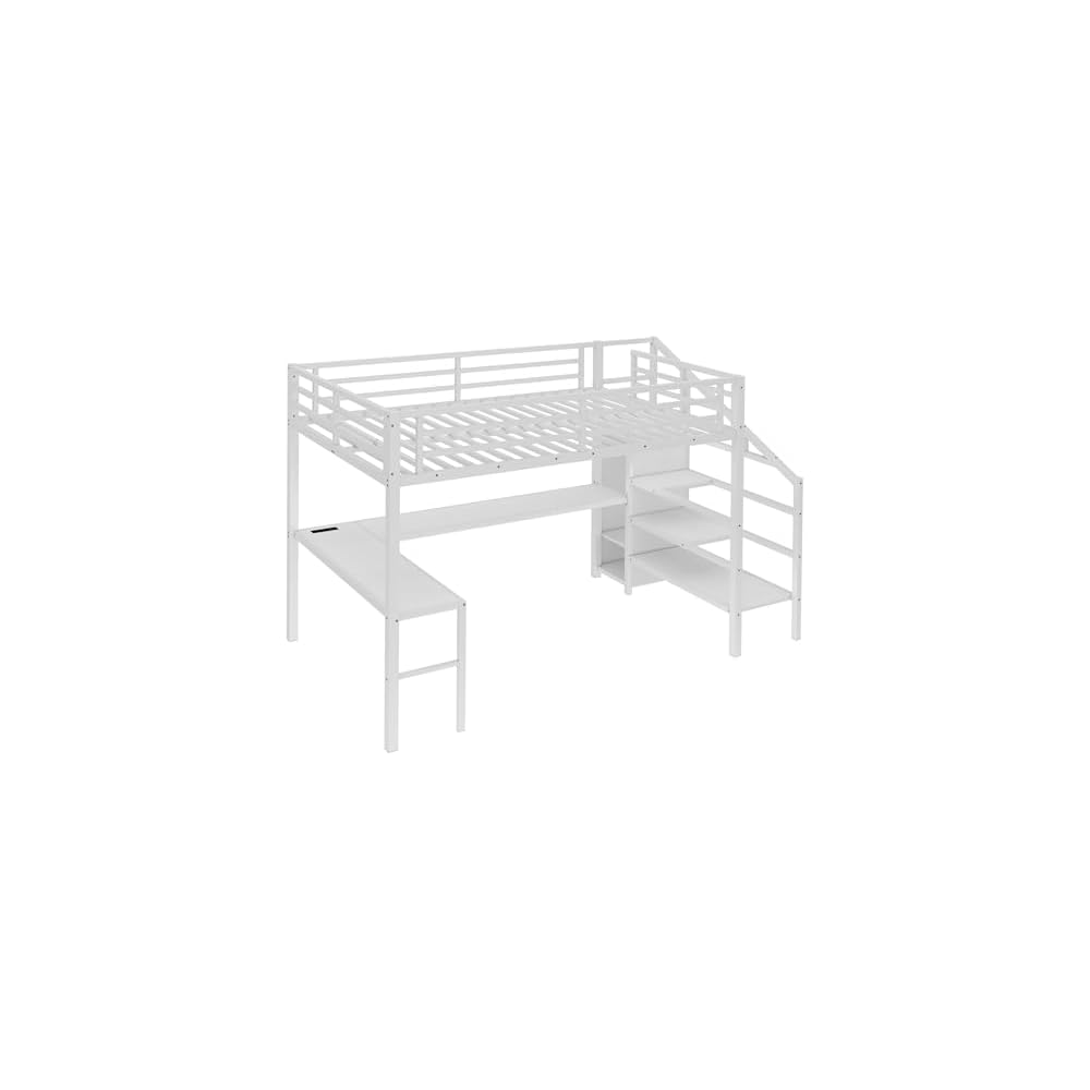 Twin XL Metal Loft Bed with L-Shaped Desk and Storage Stairs, White