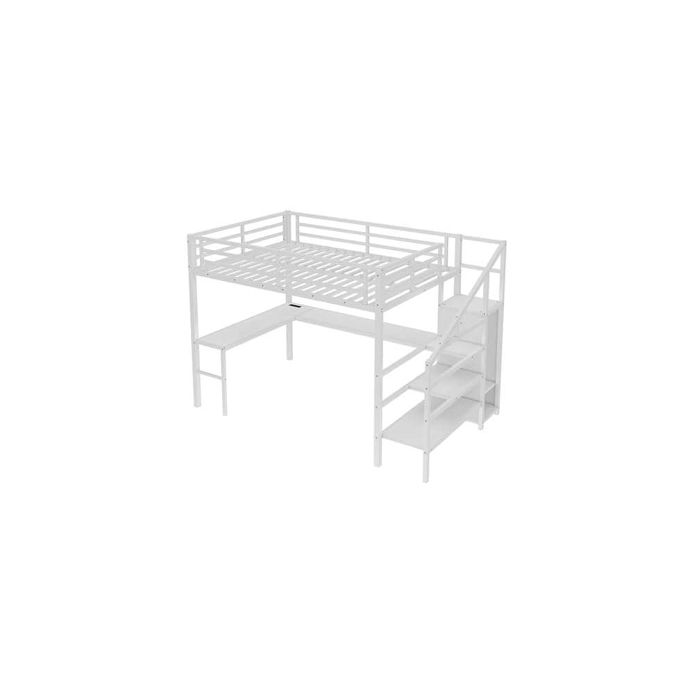 Twin XL Metal Loft Bed with L-Shaped Desk and Storage Stairs, White