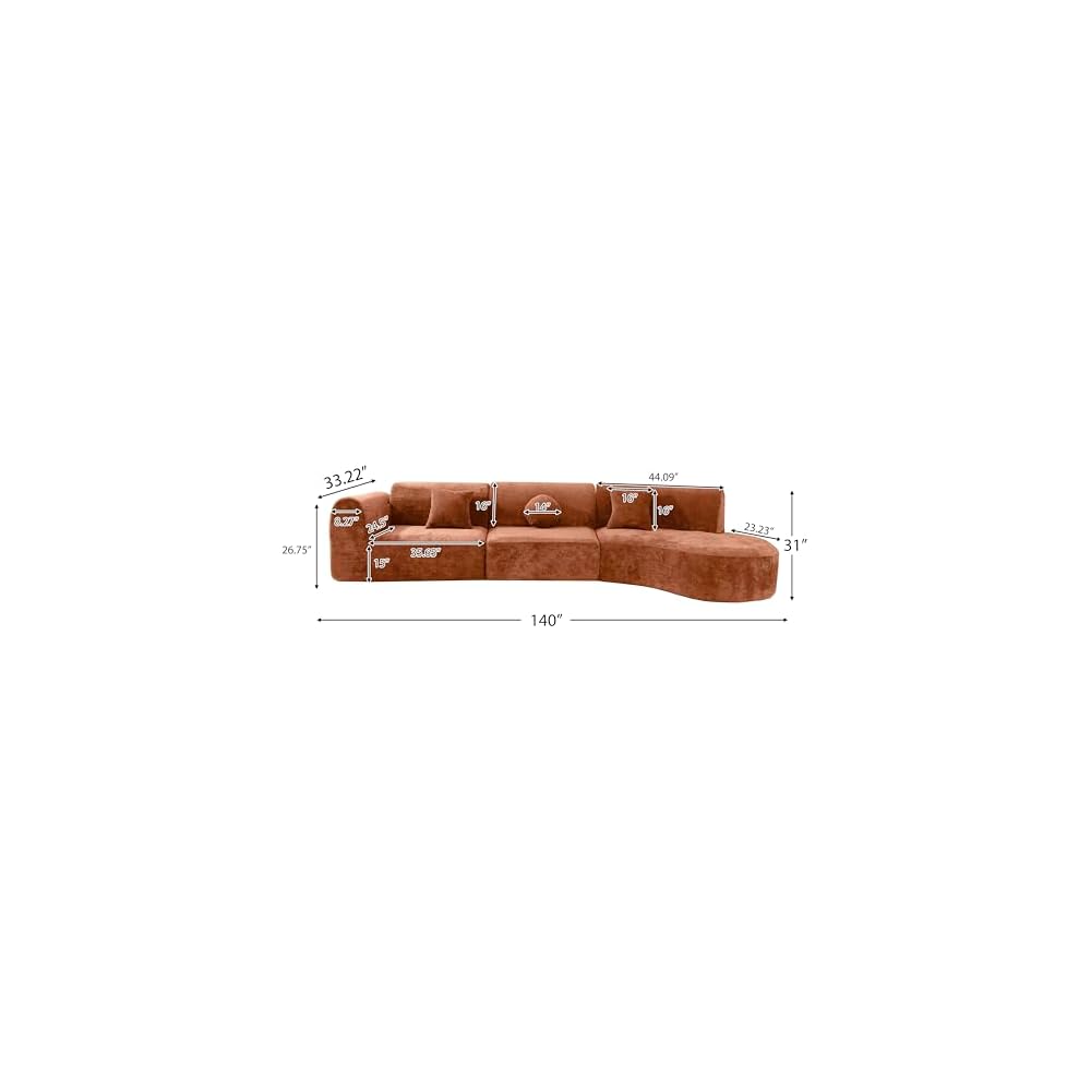 Merax 140" Curved Polyester Sectional Sofa Set, 7 Seat Modern Cloud Couch with Chaise Lounge,3 Pillows, Fully Assembled for Living Room, Orange