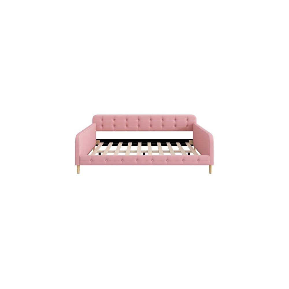 GDFStudio Queen Size Upholstered Daybed with Linen, Solid Pine Wood + MDF Frame, Foam-Filled Backrest, 4 Support Legs, No Box Spring Needed, Sturdy Queen Sofa Bed for Living Room or Guest Room, Pink