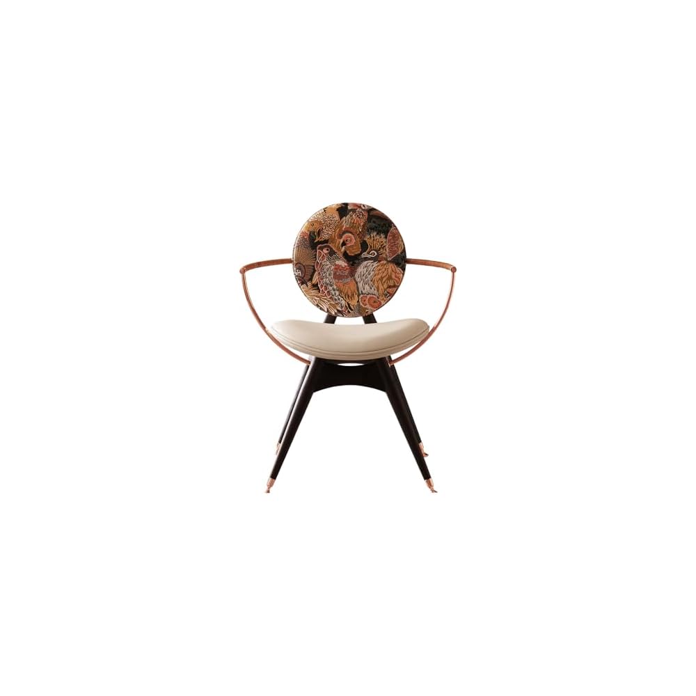 Mid Century Modern Accent Dining Chair with Upholstered Embroidered Backrest, Solid Wood Armchair with Leather Seat Cushion for Living Room, Bedroom & Vanity