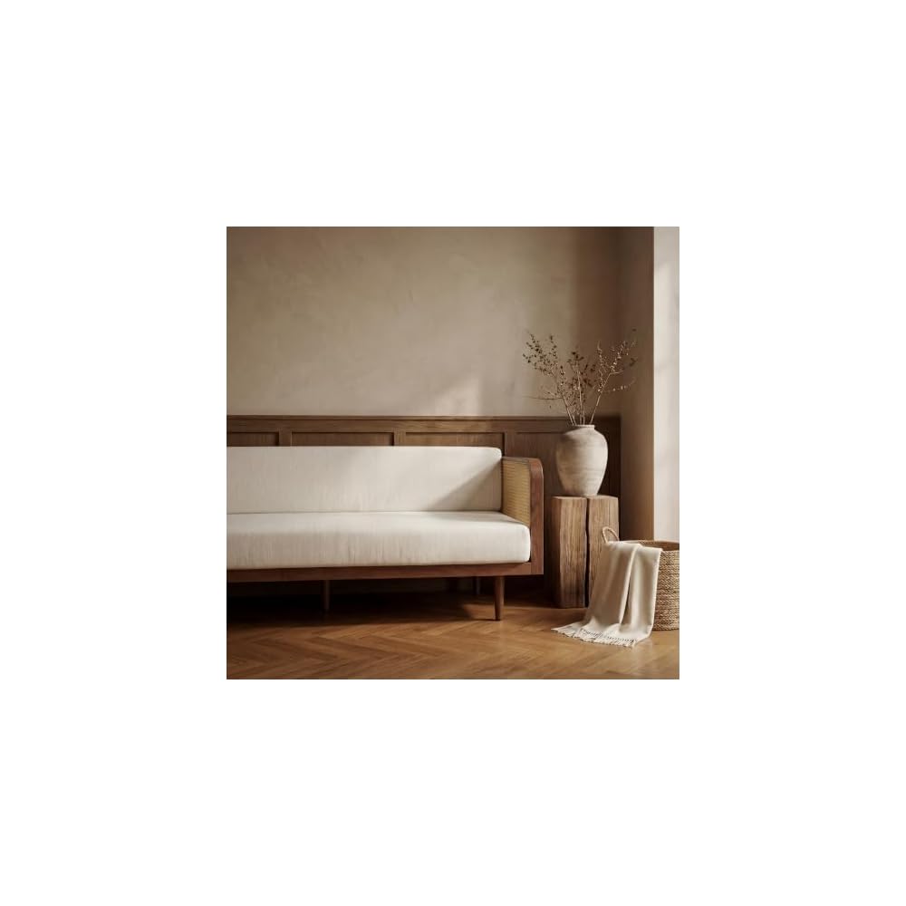 SAFAVIEH Couture Collection - Petroski French Cane Sofa, Walnut Wood Frame with Natural Rattan Sides, Modern Design (DUP1007D)