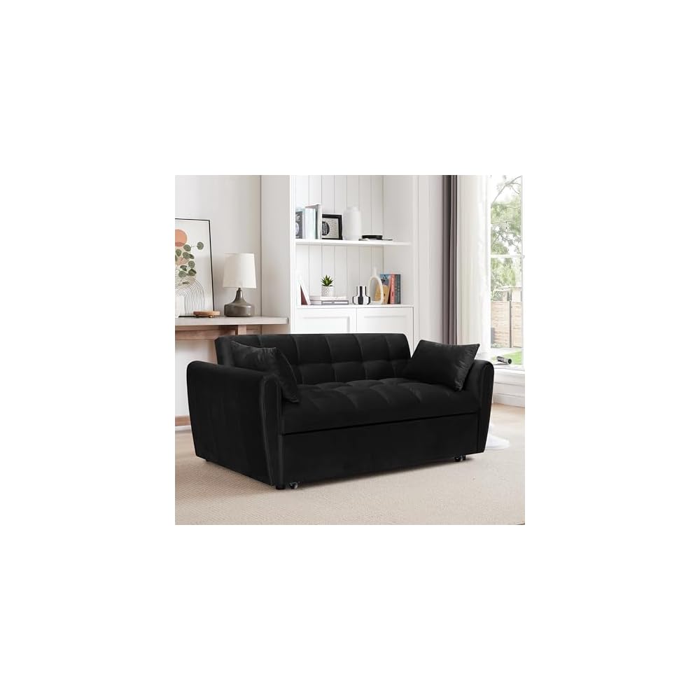 65 Inch Convertible Sleeper Sofa, 3-in-1 Sleeper Loveseat with Adjustable Backrest & Padded Armrests, Velvet Sofa Bed for Living Room, Apartment, Bedroom or Office, Black