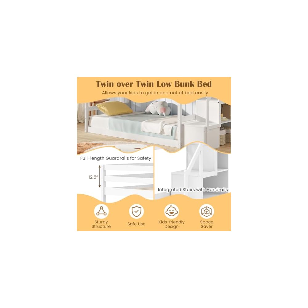 GIANTEX Twin Over Twin Bunk Bed with Stairs, Solid Wood Floor Bunk Bed with Storage Staircase & Full-Length Guardrails, Low Bunk Bed with for Kids, Teens, Adults, Dorm, Small Space, White