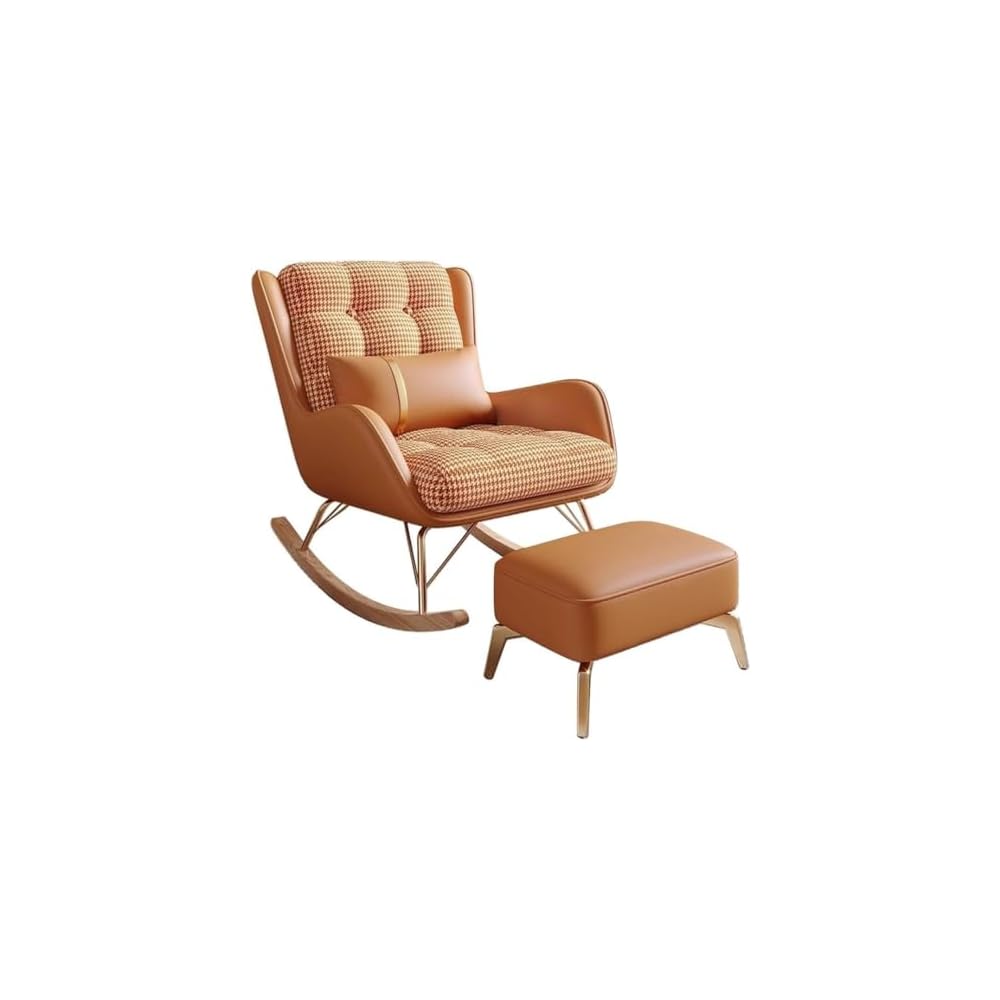 Modern Living Room Reclining Rocking Chair with Foot Stool Comfortable Balcony Chair for Bedroom or Lounge Soft Sleeper Armchair for Reading (Orange B)