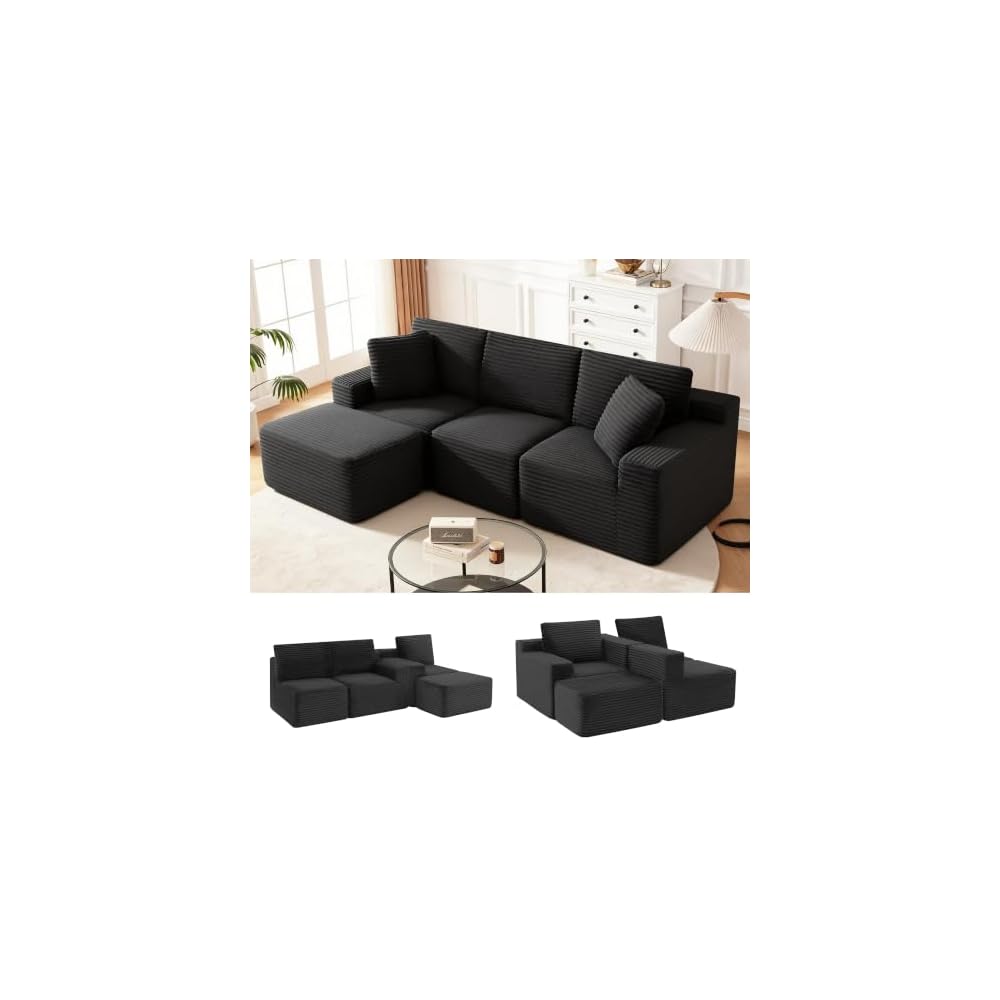 Modular Sectional Sofa, Black Boneless Couch for Living Room