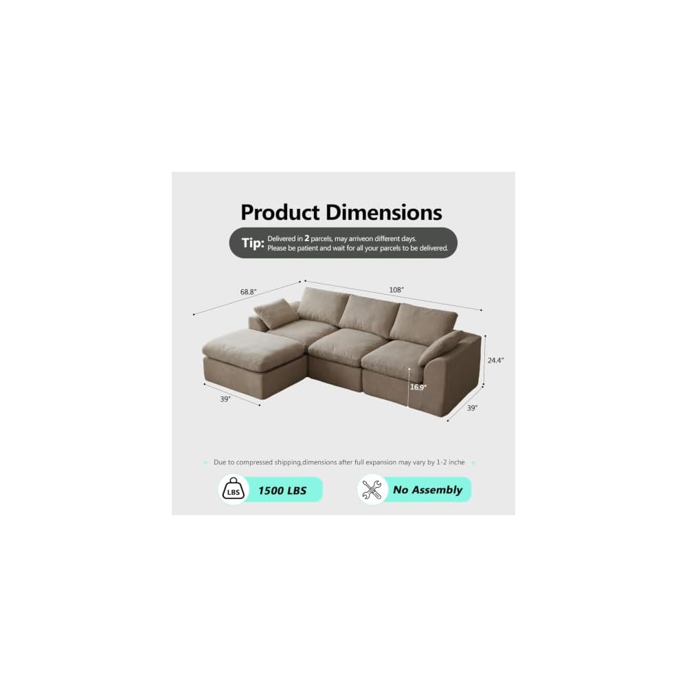 Cloud Sectional Couches for Living Room, Boneless Modular Sofa