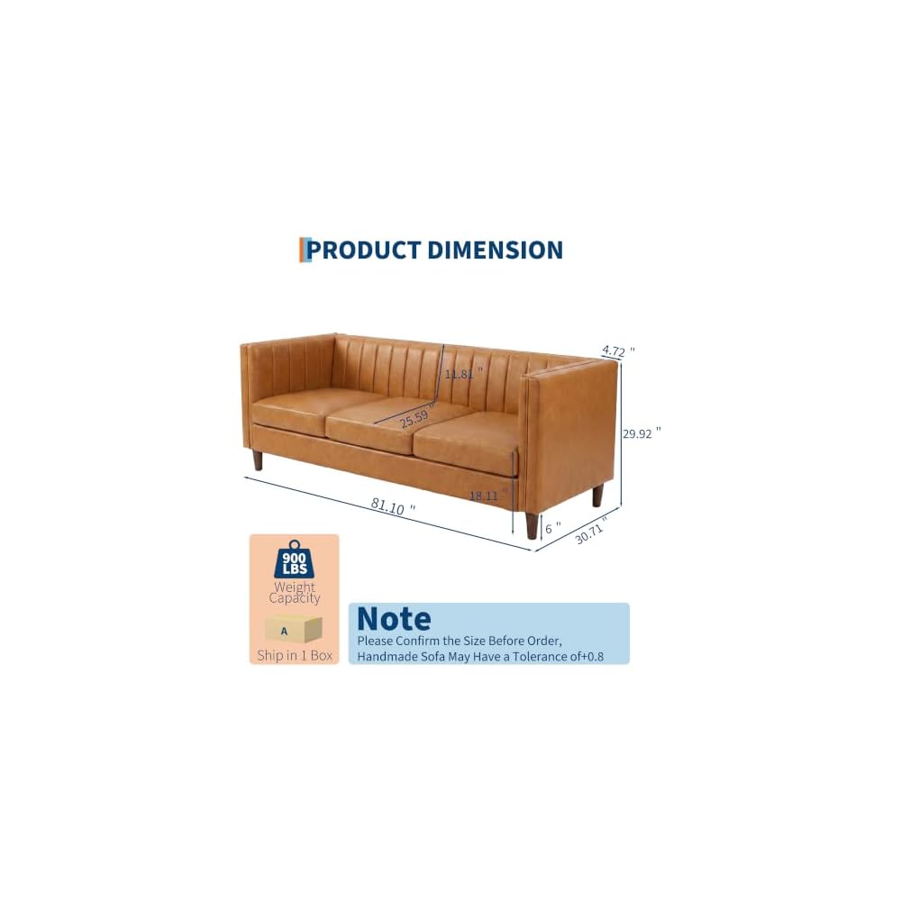 Garvee 81'' Cognac Tan Faux Leather Couch for Living Room