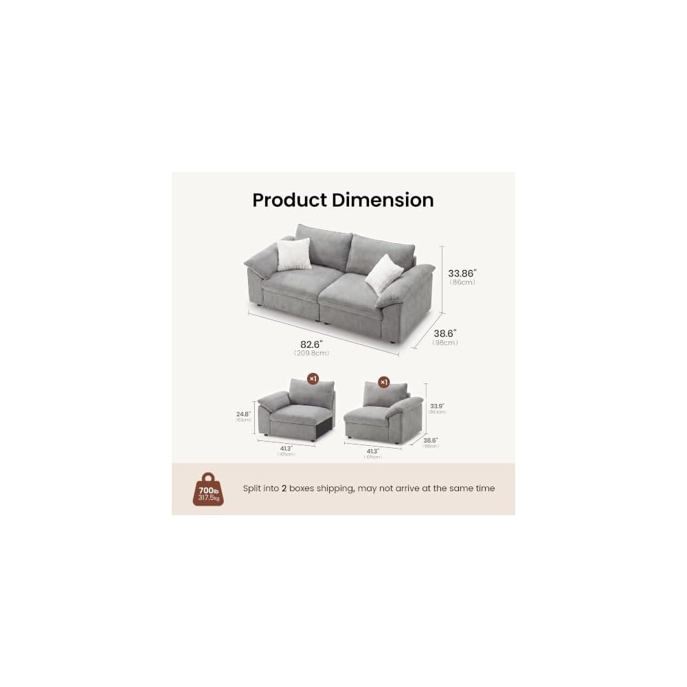 ModernMate 82.6" Down Filled Loveseat Couch, Chenille 2 Seater Couch with Throw Pillows, Modern Loveseat Sofa for Living Room Apartments, Removable Sofa Cover, Oeko-TEX Certified, Gray