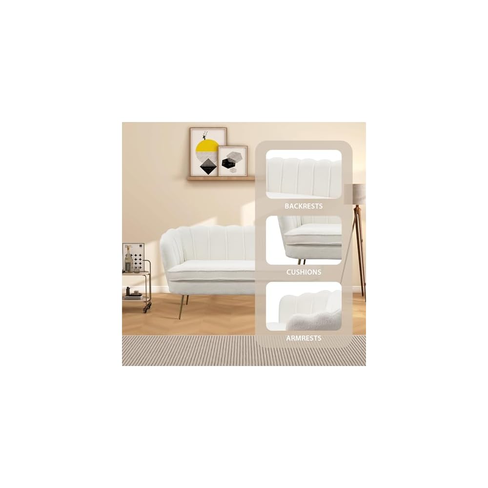 Aoiy & Wifon 59" W Comfy Small Loveseat for Small Spaces, Upholstered 2-Seat Settee Loveseat with Metal Legs, Boucle, Ivory