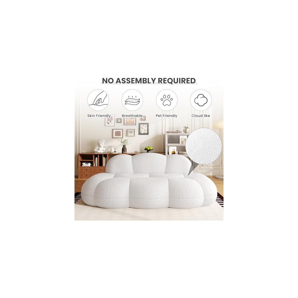 Floor Couch, Modern Curved Loveseat Sofa, Lazy Sofa Round Floor Sofas, Cloud Memory Foam Couches for Living Room, Apartment, Small Spaces (No Assembly, White)