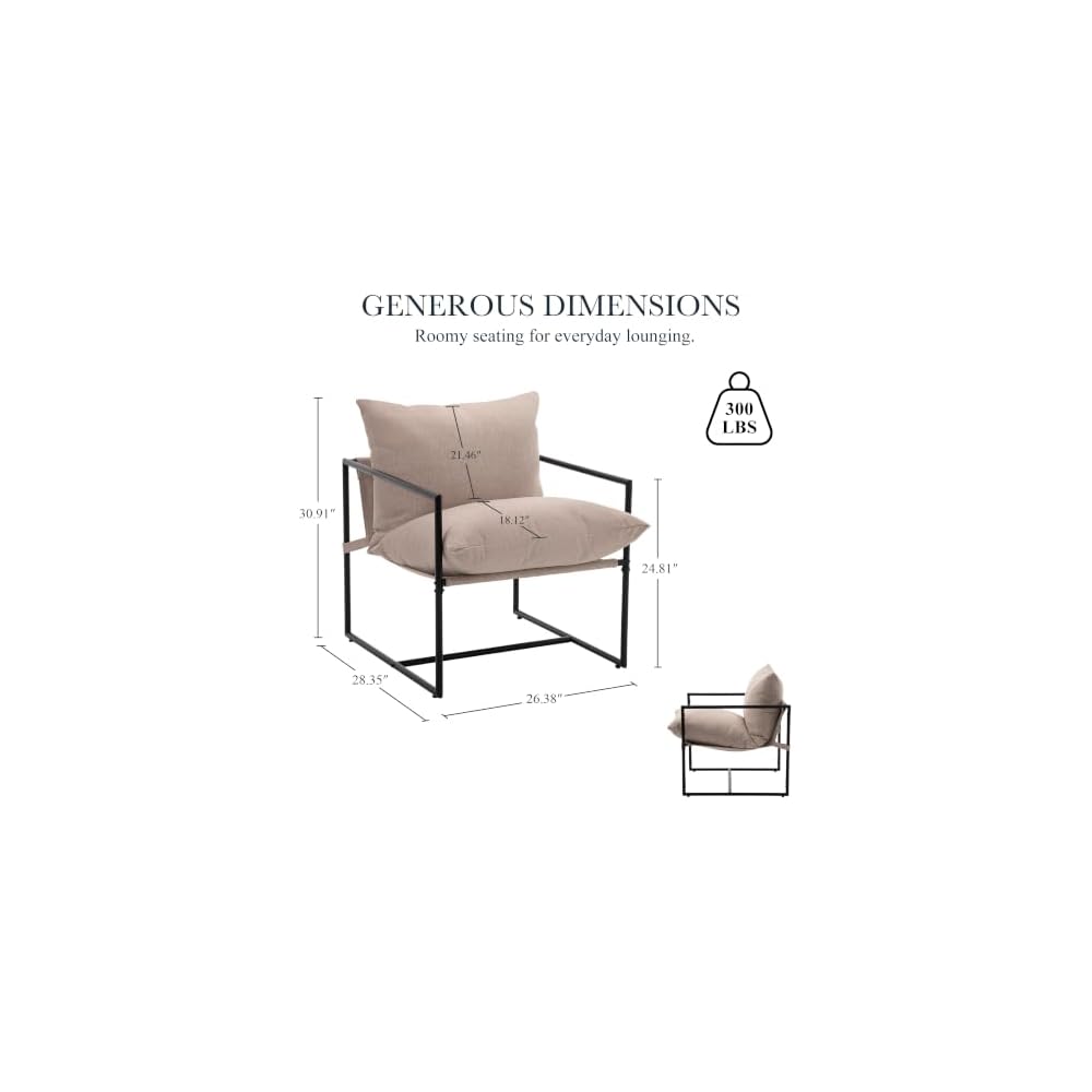 Modern Accent Chair, Upholstered Reading Sling Chair with Metal Frame and Soft Cushion,Stylish Lounge Armchair for Living Room, Bedroom or Office Seating, Oatmeal