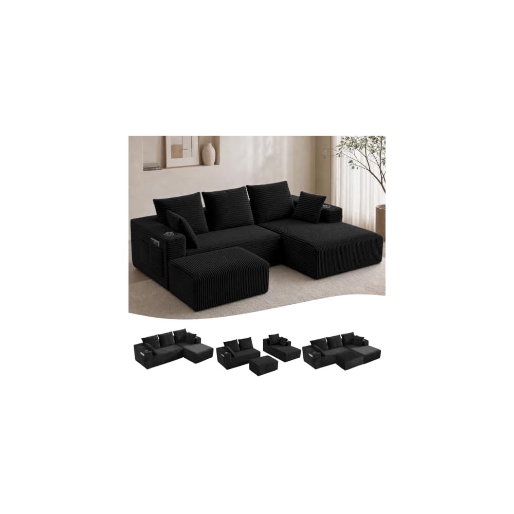 95" Boneless Couch, U-Shaped Modular Sectional Sofa with Ottoman