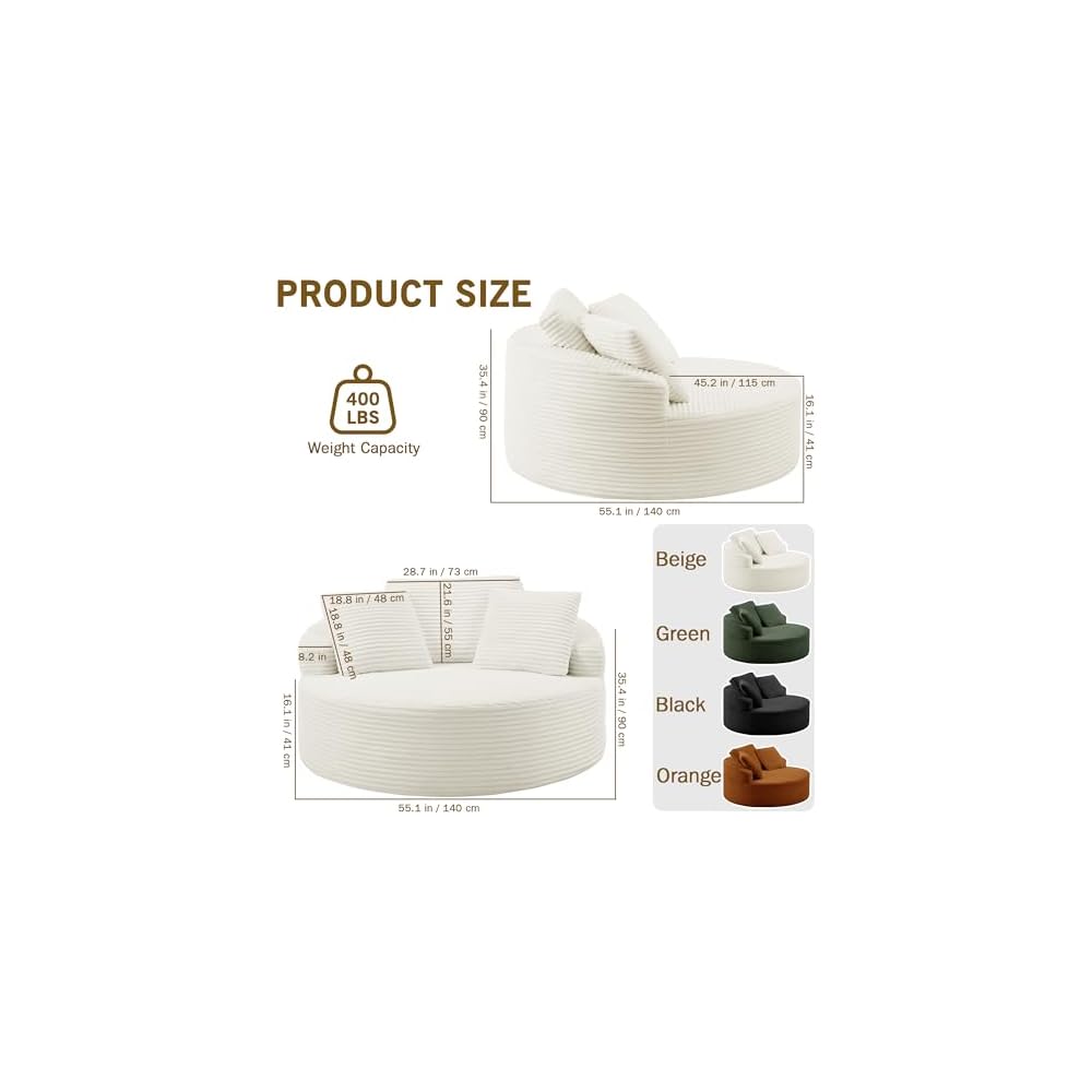 Oversized Round Chaise Lounge Chair,Corduroy Cloud Large Circle Sofa Chair, No Assembly Required, Modern Sleeper Cloud Sofa Couch Bed for Living Room Bedroom Apartment (White)