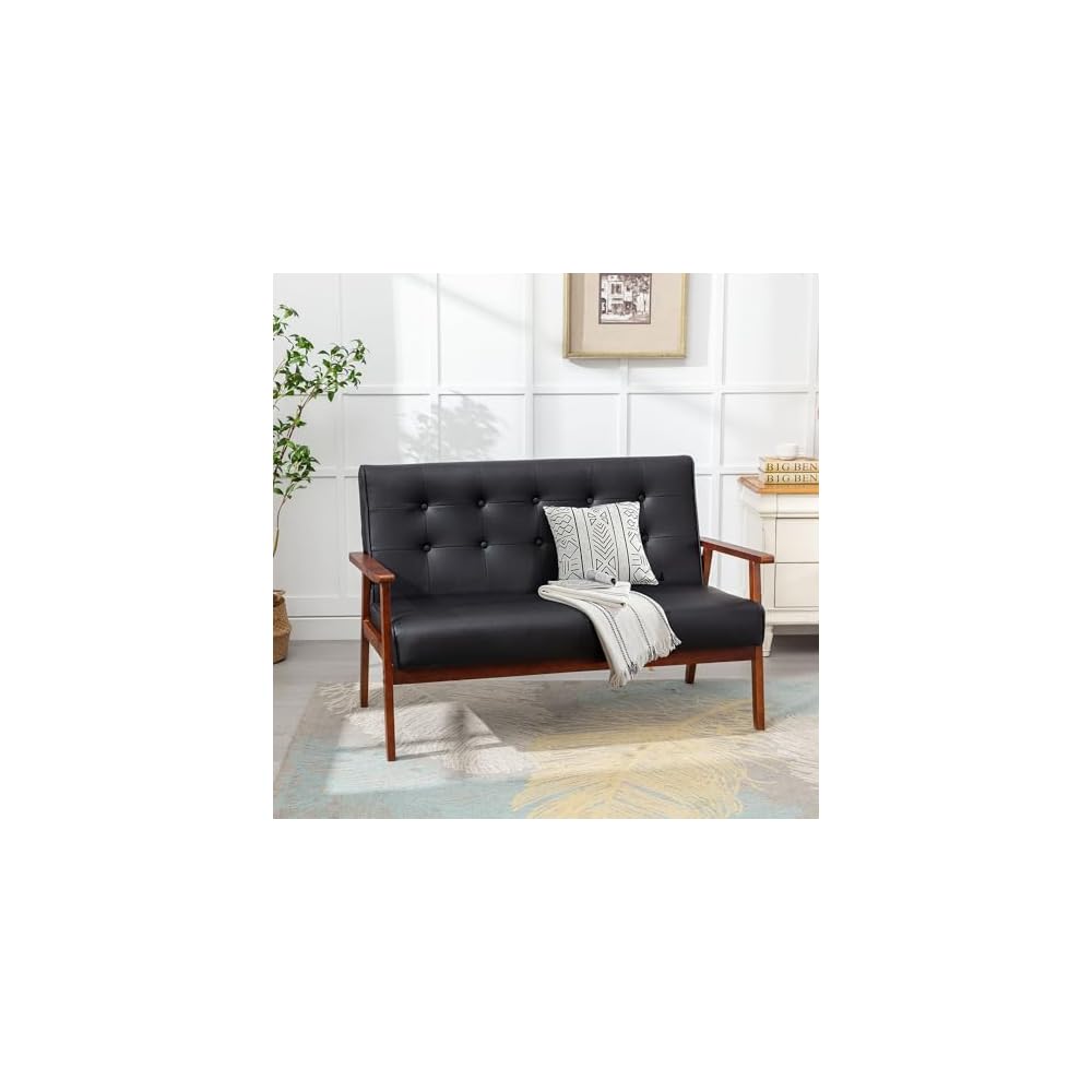 STHOUYN Black Small Leather Couch, 2 Seater Loveseat with Wooden Armrest