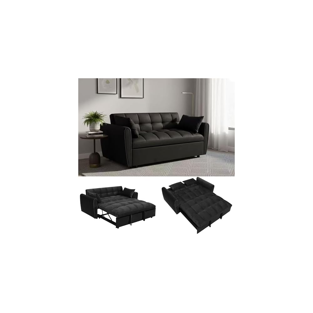 65 Inch Convertible Sleeper Sofa, 3-in-1 Sleeper Loveseat with Adjustable Backrest & Padded Armrests, Velvet Sofa Bed for Living Room, Apartment, Bedroom or Office, Black