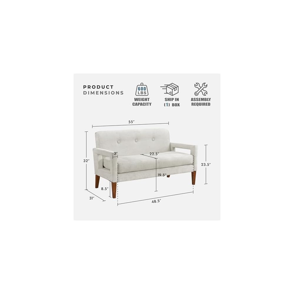 Lexicon Modern Loveseat, Chenille Fabric Upholstered with Button Tufted Backrest, Wrapped Square Armrests and Solid Wood Leg, Comfy Loveseat Sofa for Living Room, Beige