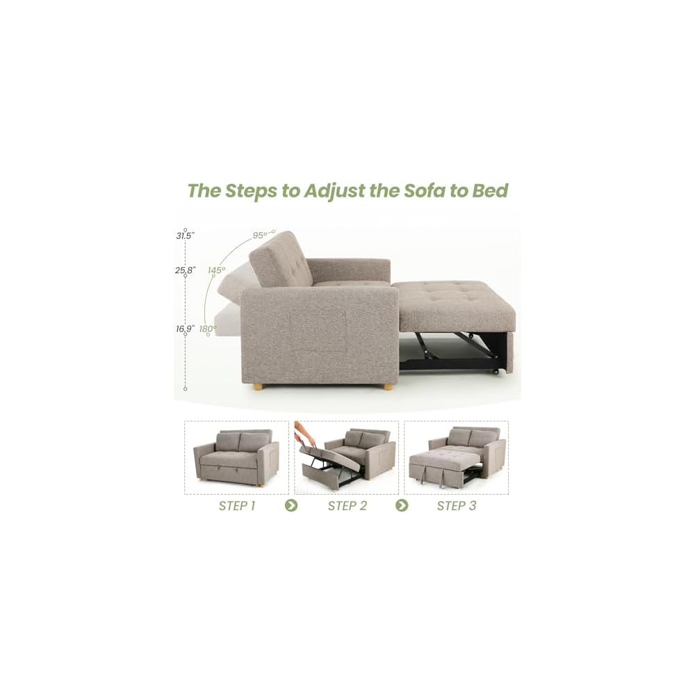 SEJOV Loveseat Sleeper, 3-in-1 Convertible Sofa Bed Pull Out, Brown Gray