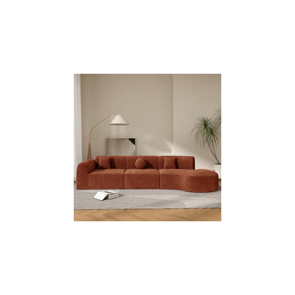 Merax 140" Curved Polyester Sectional Sofa Set, 7 Seat Modern Cloud Couch with Chaise Lounge,3 Pillows, Fully Assembled for Living Room, Orange