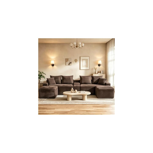 127" U Shaped Cloud Couch Modular Sectional Sofa, Comfy Fluffy Corduroy Brown Boneless Sectional Couches for Living Room, Modern Cloud Sofas with Cup Holders & USB Port, Brown