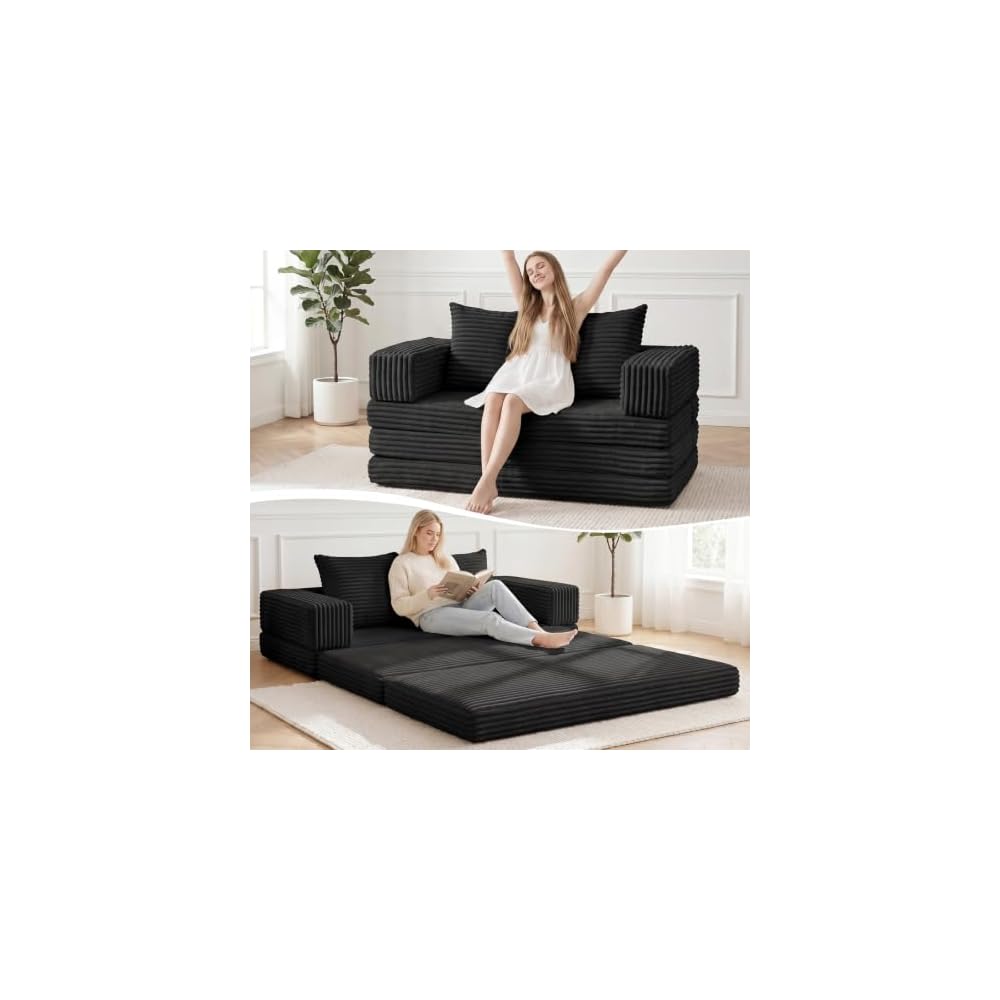 Boneless Loveseat Sofa Bed,Small Couch Bed Futon Sleeper Sofa,Convertible Pull Out Couch with Removable Armrests Backrest,Corduroy Folding Floor Boneless Couch for Living Room,Small Space,Black