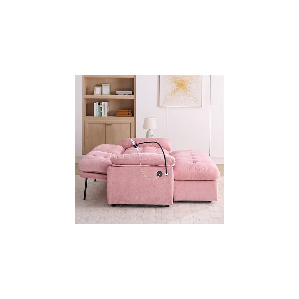 KEIKI 56" Oversized Chaise Lounge Chair Indoor with Storage Ottoman, USB Port &Phone Stand, Cloud Upholstered Chaise Lounge Recliner, Deep Seat Reading Couch Sofa Bed for Living Room Bedroom,Pink