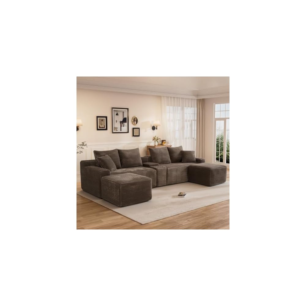127" U Shaped Cloud Couch Modular Sectional Sofa, Comfy Fluffy Corduroy Brown Boneless Sectional Couches for Living Room, Modern Cloud Sofas with Cup Holders & USB Port, Brown
