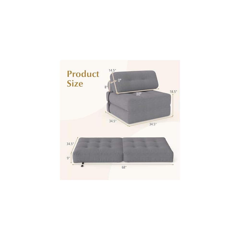 GIANTEX Folding Sofa Bed, Convertible Sleeper Chair with Pillow, Tufted Fold Out Chair Bed w/Back Support, Corduroy Cover, Fixing Straps, Comfy Floor Sofa for Living Room, Bedroom, Guest Room (Grey)