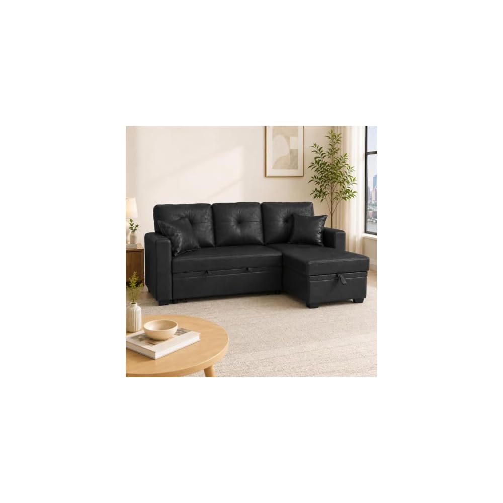 71'' L-Shaped Sectional Pull Out Sofa Bed with Storage Chaise Lounge, 3-Seat Convertible Cloud Deep Seat Sleeper Sofas Couches for Living Room Apartment, Removable Cushions (Black, Faux Leather)