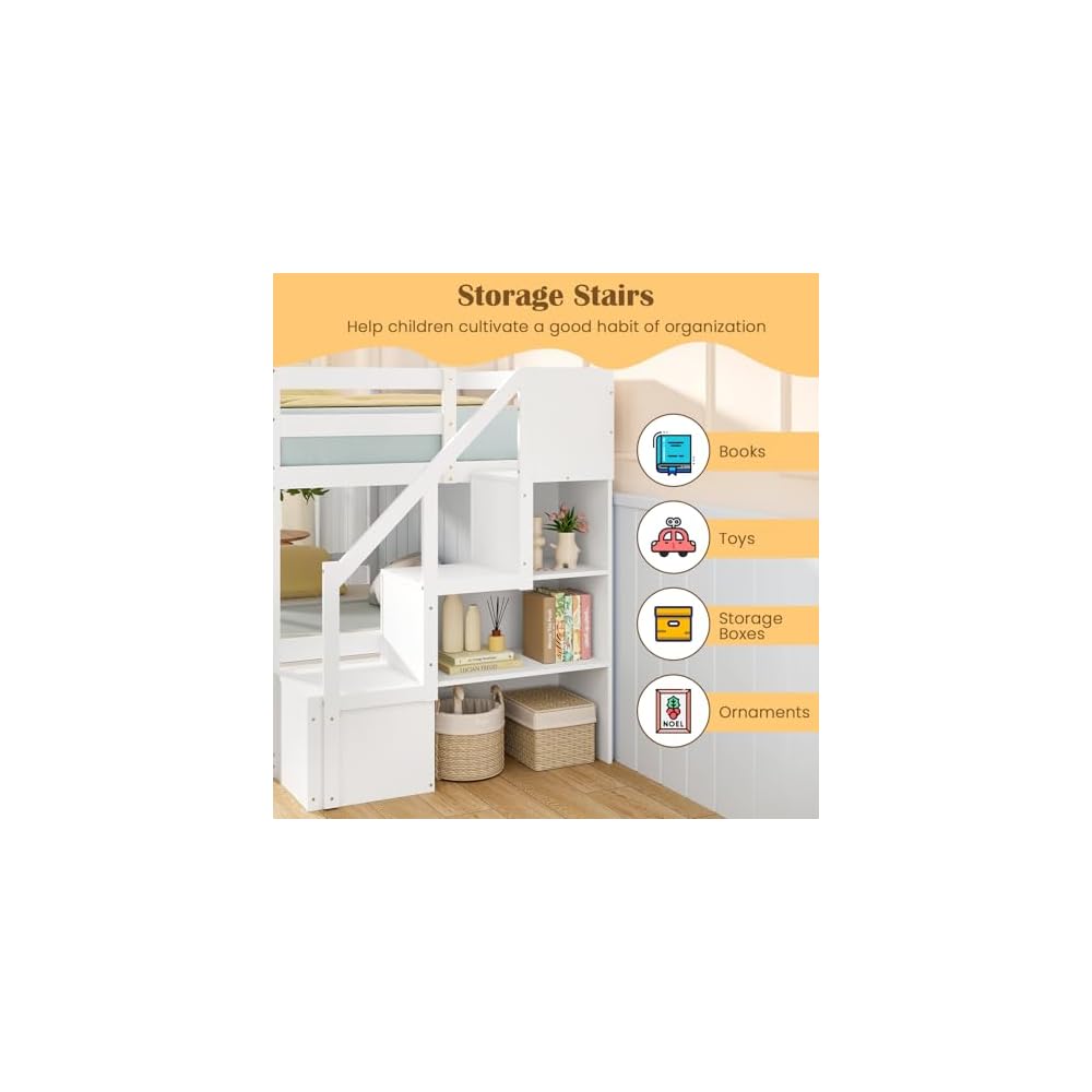 GIANTEX Twin Over Twin Bunk Bed with Stairs, Solid Wood Floor Bunk Bed with Storage Staircase & Full-Length Guardrails, Low Bunk Bed with for Kids, Teens, Adults, Dorm, Small Space, White