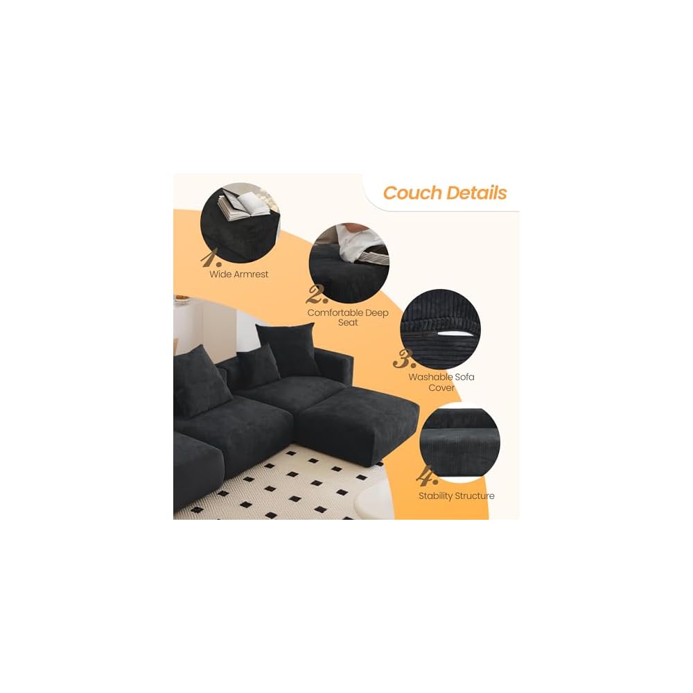 JACH Modern Corduroy Sectional Couch, Modular Sectional Sofa with Chaise Ottoman, Cushion Covers Removable, Oversized Deep Seat Soft Couches for Living Room, Office (Black)