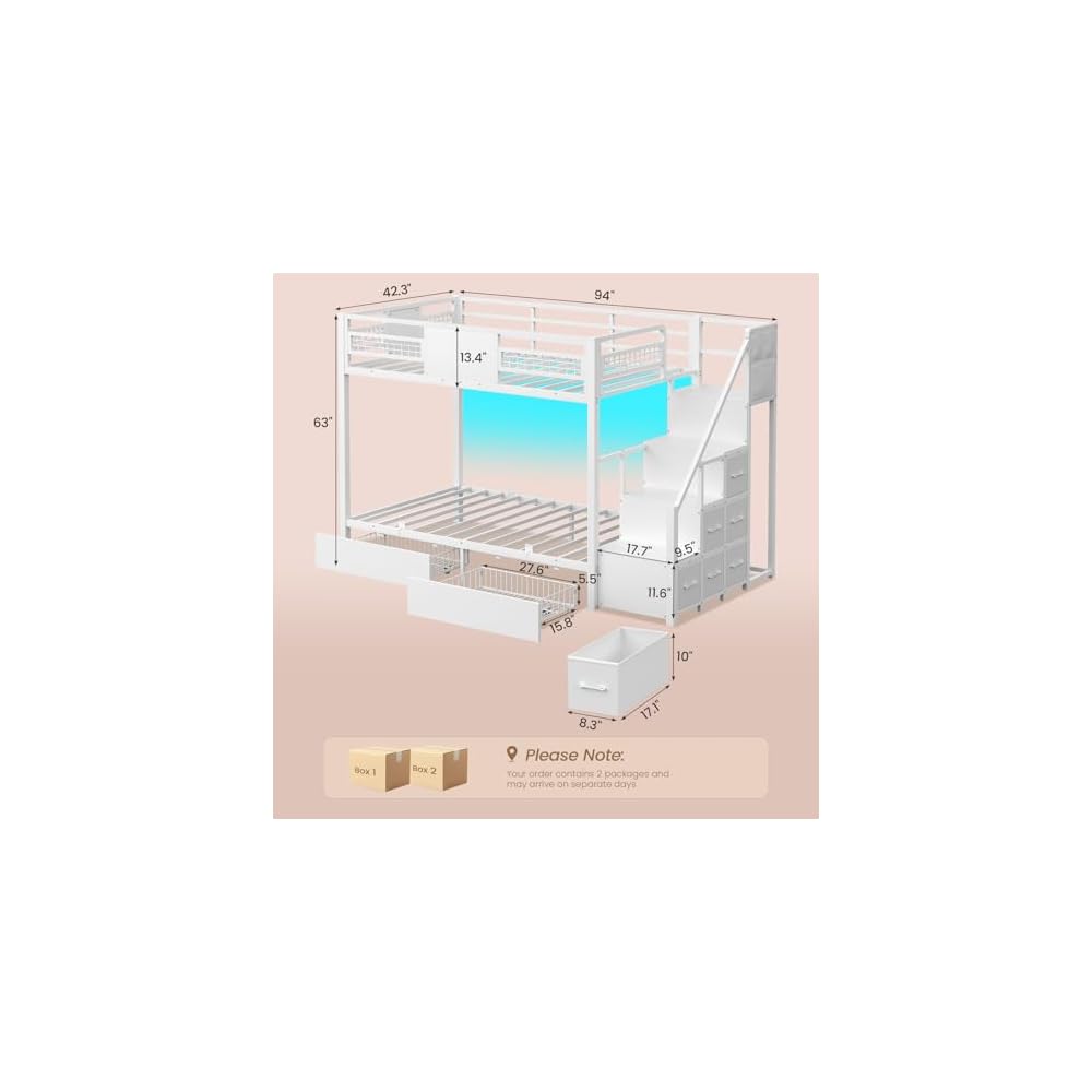BTHFST Bunk Bed Twin Over Twin with Stairs, Storage Drawers and LED Lights