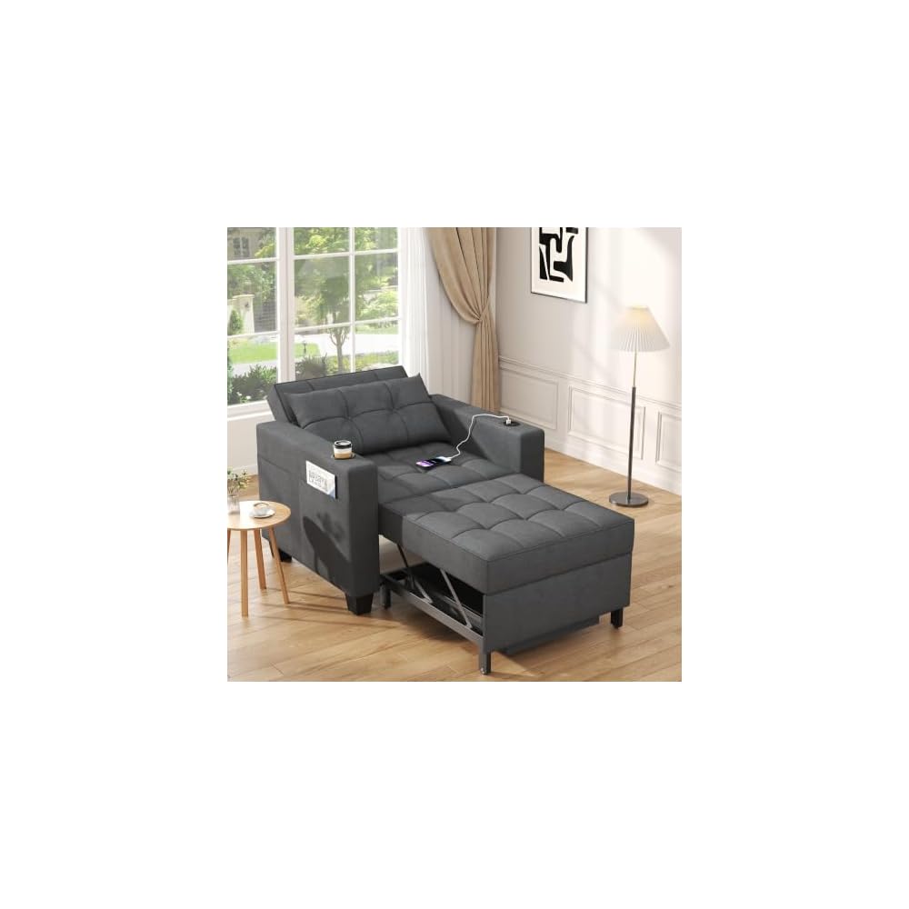 36" 3-in-1 Sleeper Chair, Convertible Pull Out Sofa Bed, Dark Gray Linen
