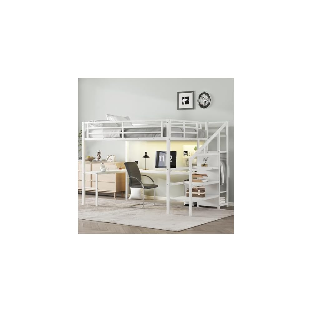 Twin XL Metal Loft Bed with L-Shaped Desk and Storage Stairs, White