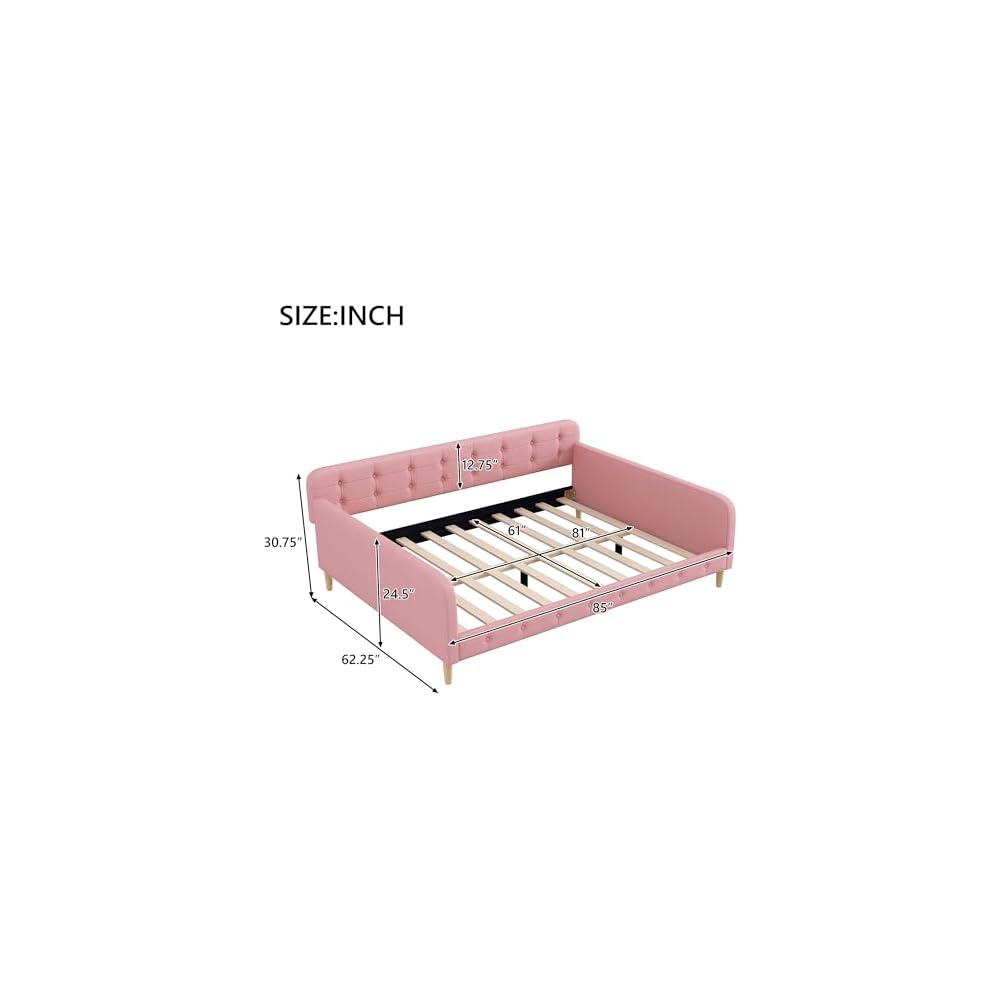 GDFStudio Queen Size Upholstered Daybed with Linen, Solid Pine Wood + MDF Frame, Foam-Filled Backrest, 4 Support Legs, No Box Spring Needed, Sturdy Queen Sofa Bed for Living Room or Guest Room, Pink