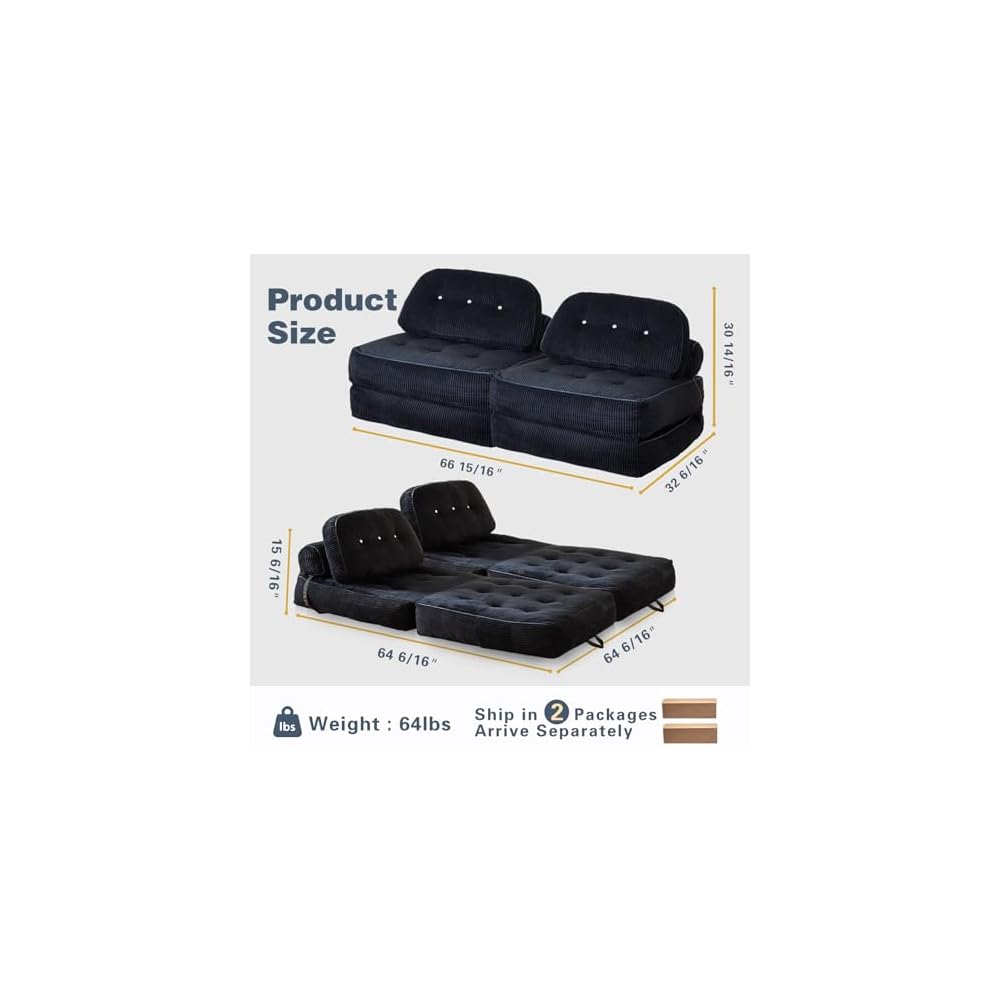 Compressed 2 Seater Sofa Bed,66" Flannel Modular Loveseat with Storage Pocket, 35D High-Resilience Foam, Thick Cushion Floor Couch for Small Spaces, Apartment, Bedroom, Living Room, Black