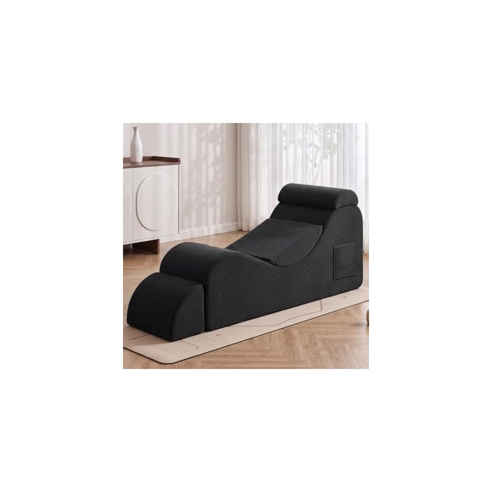 Convertible Yoga Chair for Adults, Ergonomic Lounge Chair Indoor with Side Pocket, Headrest, Waist Pad, Ottoman No Assembly Required(Grey)