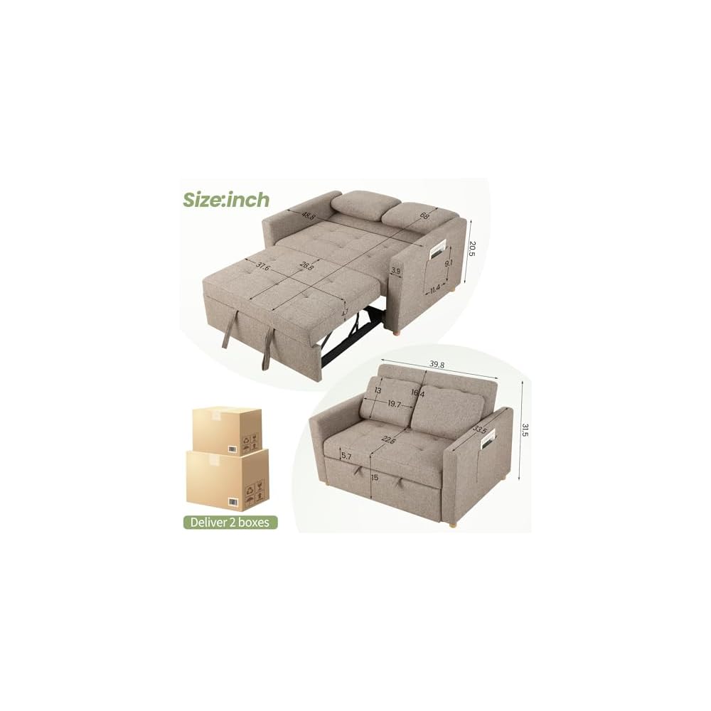 SEJOV Loveseat Sleeper, 3-in-1 Convertible Sofa Bed Pull Out, Brown Gray