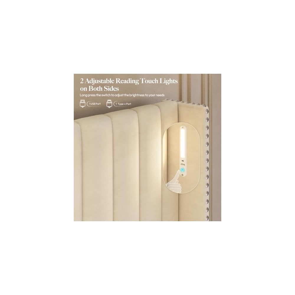Belffin 59" Tall Queen Size Platform Bed Frame with 2 Touch Lights, Beige