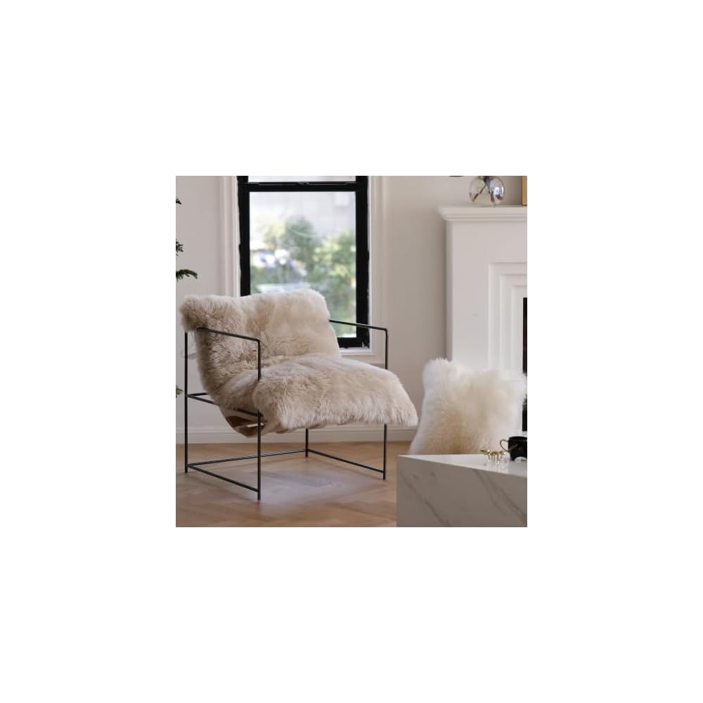White Lamb Fur Accent Chair with Black Metal Frame and Deep Cushioned Seat