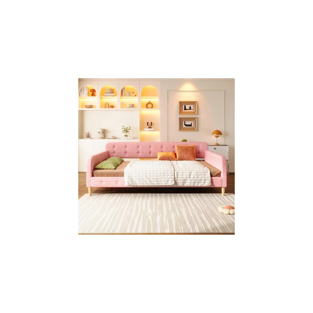GDFStudio Queen Size Upholstered Daybed with Linen, Solid Pine Wood + MDF Frame, Foam-Filled Backrest, 4 Support Legs, No Box Spring Needed, Sturdy Queen Sofa Bed for Living Room or Guest Room, Pink