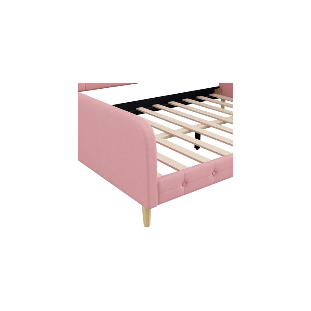 GDFStudio Queen Size Upholstered Daybed with Linen, Solid Pine Wood + MDF Frame, Foam-Filled Backrest, 4 Support Legs, No Box Spring Needed, Sturdy Queen Sofa Bed for Living Room or Guest Room, Pink