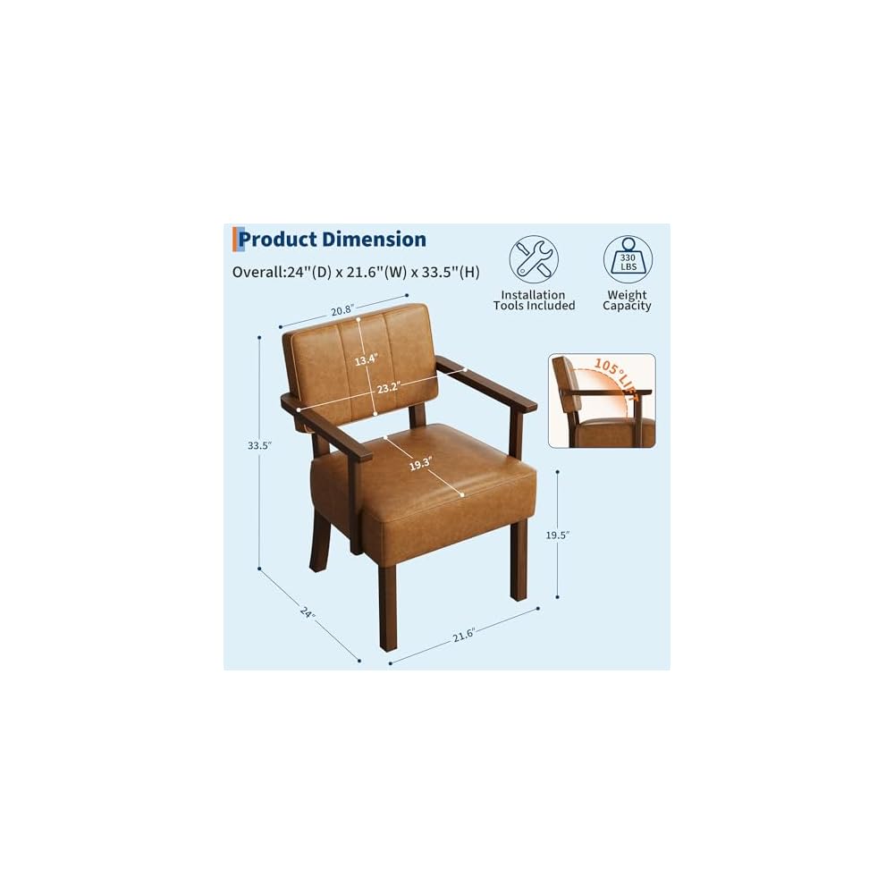 GarveeHome Lounge Chair Made of PU Leather, Upholstered Chair with Backrests and Armrests, Chair with Wooden Legs, for Living Room, 55 x 61 x 85 cm