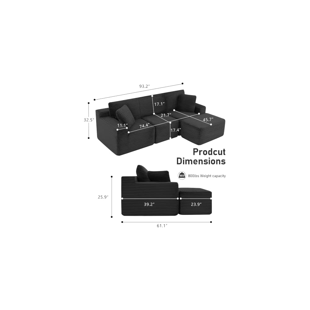 Modular Sectional Sofa, Black Boneless Couch for Living Room