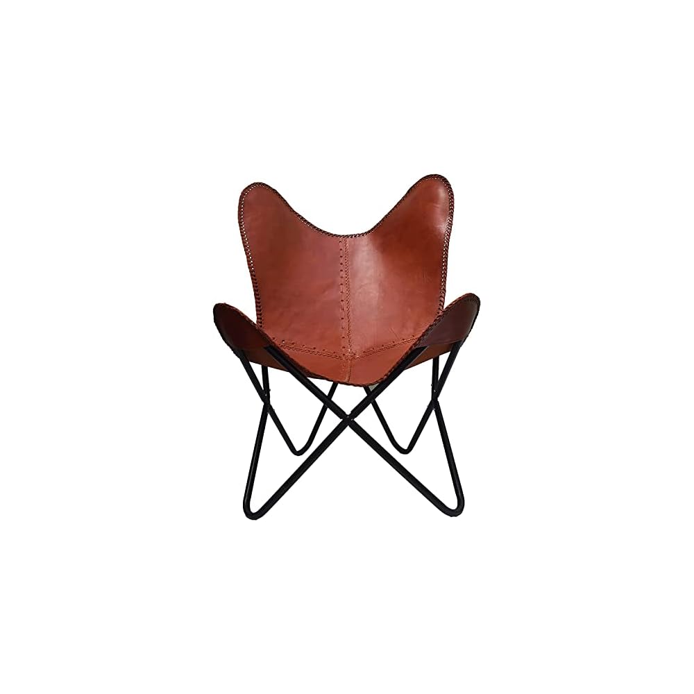 Shy Shy Handmade Leather Arm Chair Home Decor Vintage Chair | Genuine Leather Butterfly Chair Home Decor | Handmade with Powder Coated Iron Frame